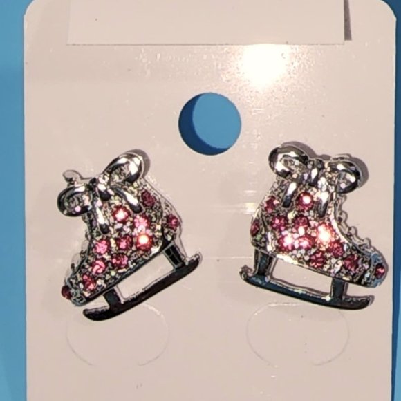 Ice Skates Earring PINK/Post/Shoe-Boot Charm Earring/Pink Rhinestone Crystal - Picture 8 of 11